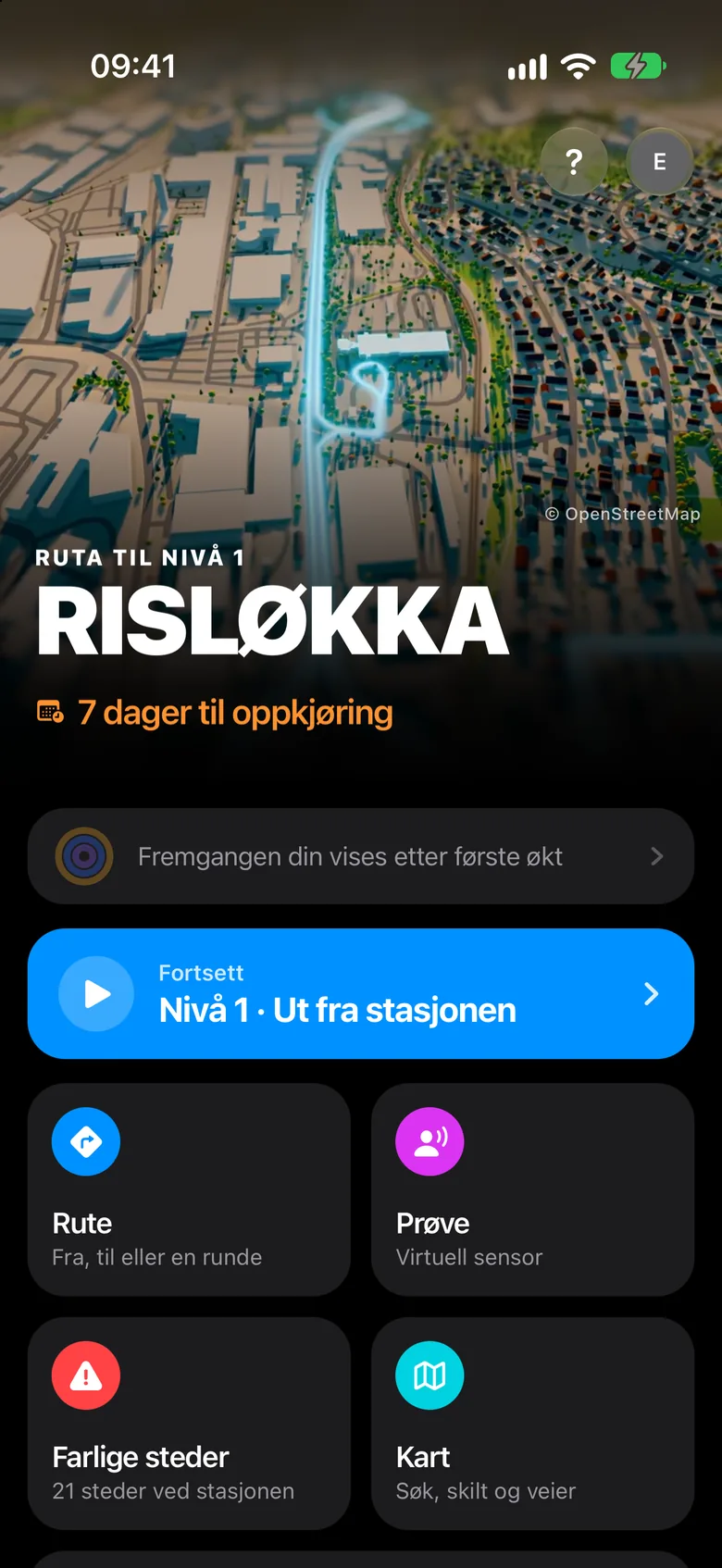 The Risløkka app, the home screen in dark mode: Route, Test, Danger spots, Map and Theory in one app