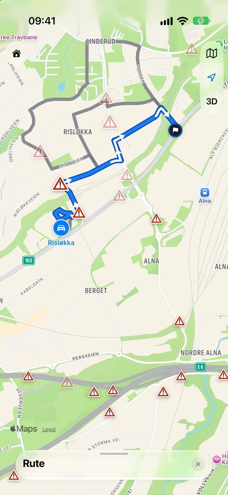 Your own route from the test centre on the map, with danger spots along the way